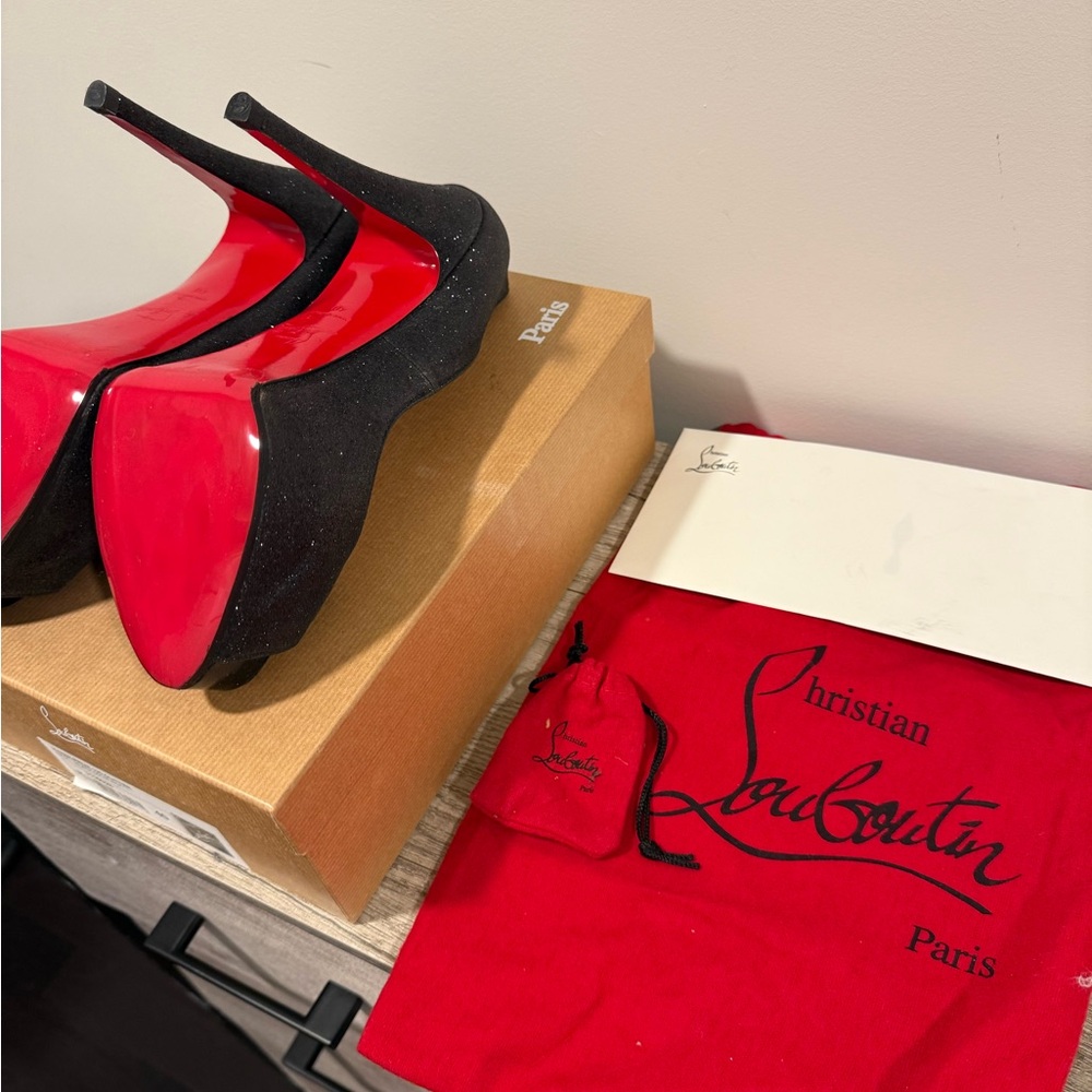 Christian Louboutin Glitter Black Peep-Toe Heels - Picture 6 of 7
